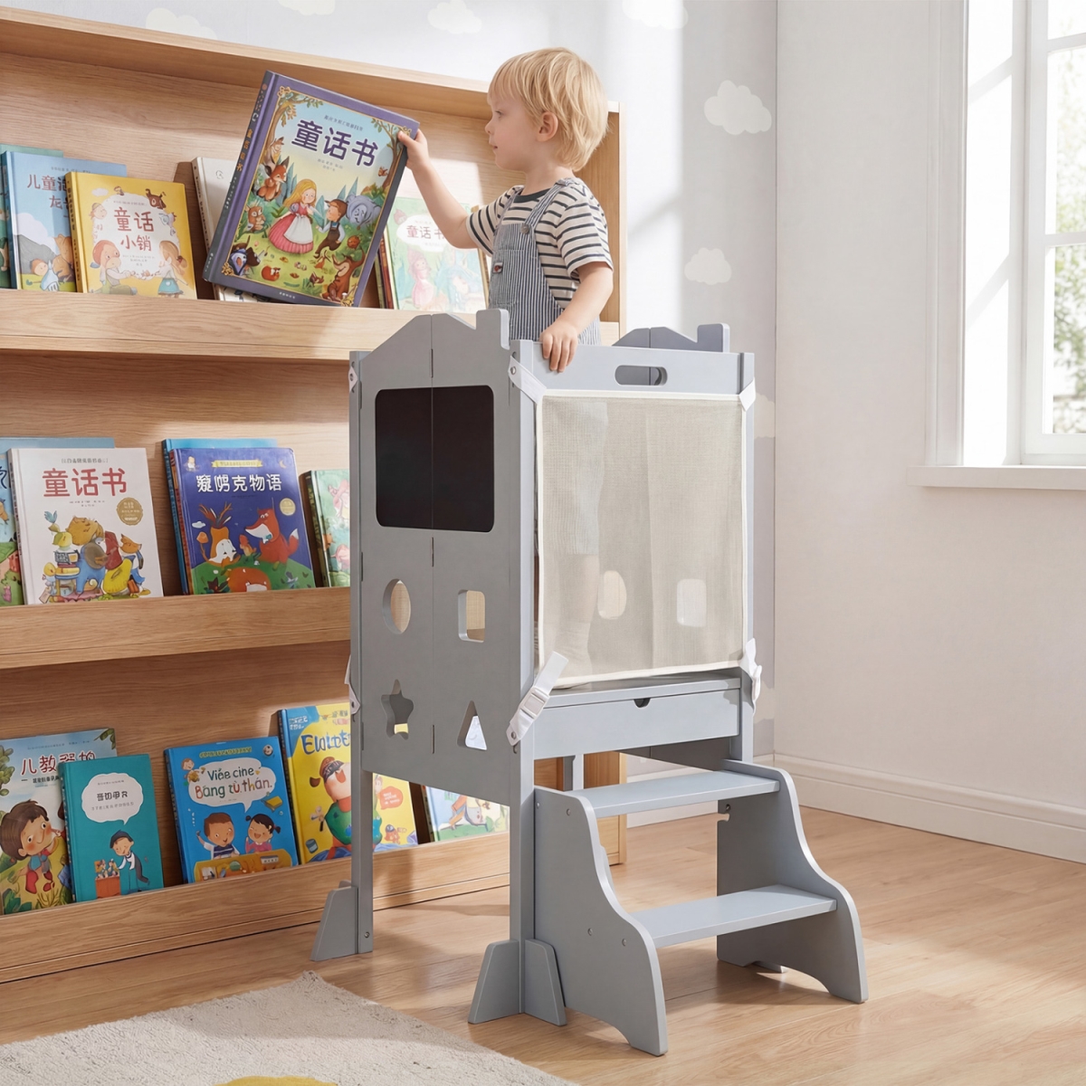 HY10402GR Foldable Toddler Step Stool with Chalkboards 2-Step Stool - Gray