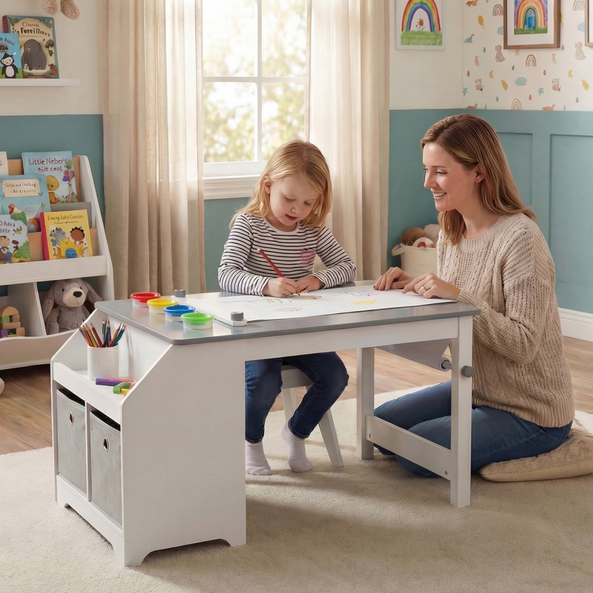 HY10445GR Kids Art Table & Stool Set Toddler Activity Desk with Paper Roll & 4 Paint Cups for Drawing Learning - Gray