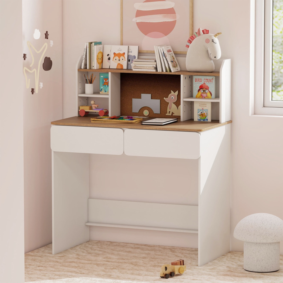 HY10522US-WH Writing Table with Cork Bulletin Board & Charging Station 5-Level Adjustable Shelves - White