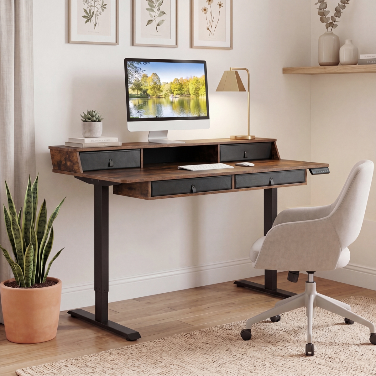 CB10906US-CF 55 x 27 in. Electric Standing Desk with Drawers - Rustic Brown