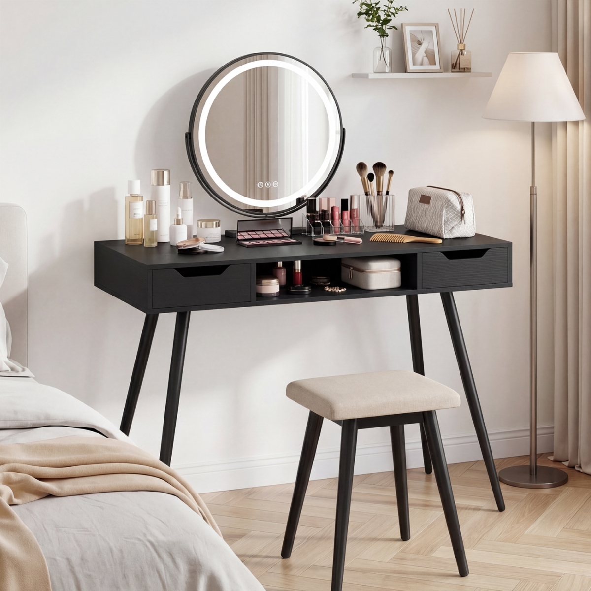 CB11075DK 42.5 in. Mid Century Modern Writing Desk with Metal Leg & Drawers - Black