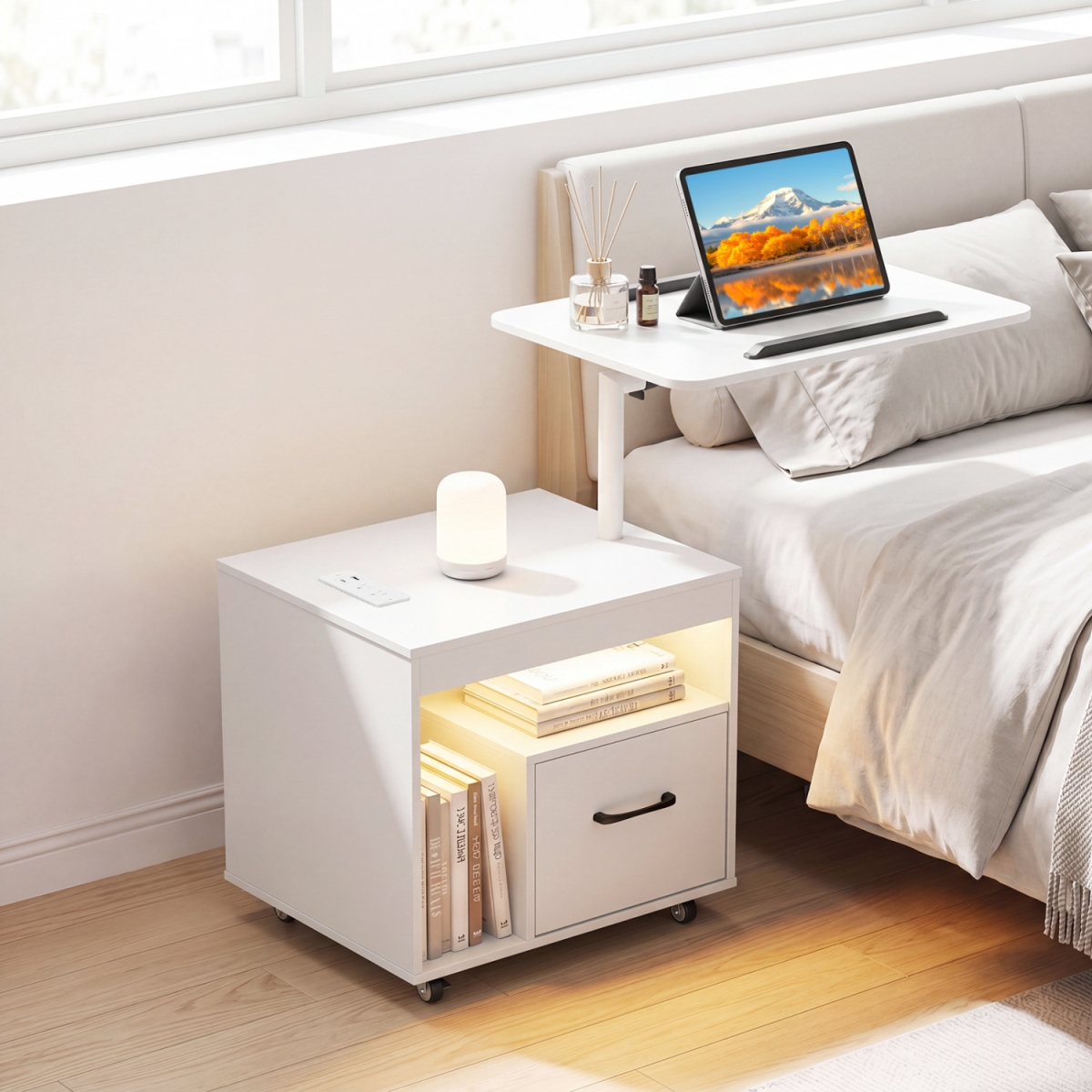 HU11245US-WH LED Nightstand with Power Outlets Modern Bedside Table with Flip Over - White