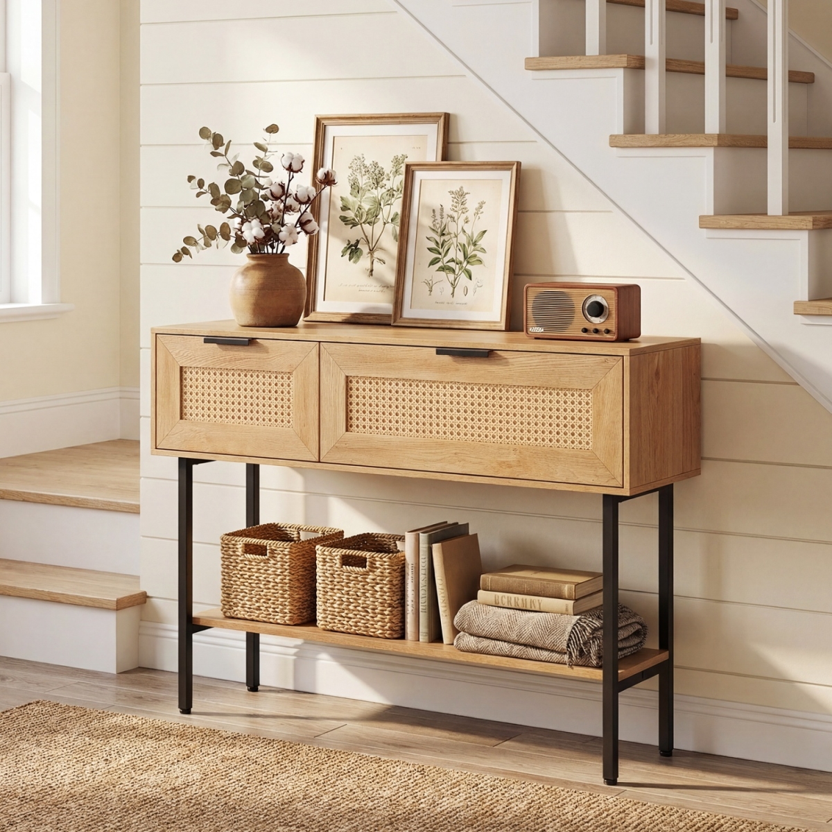 HU11270NA Rattan Console Table with 2 Storage Cabinets Shelf Carbon Steel Frame - Natural