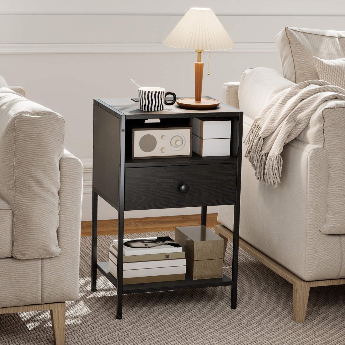 HU11281US-DK Nightstand with Charging Station Bedside Table with USB Ports & Outlets - Black