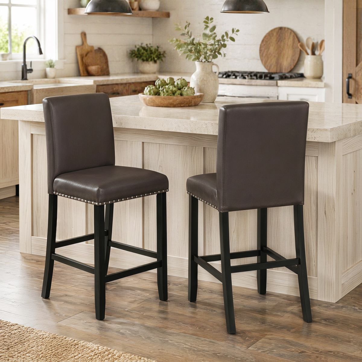 JV10572ZS Bar Stools with Back for Kitchen Island - Brown - Set of 2