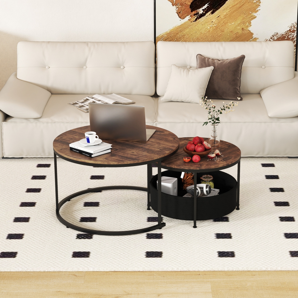 JV11986CF Round Coffee Table Circle Cocktail Table with Storage Basket - Set of 2