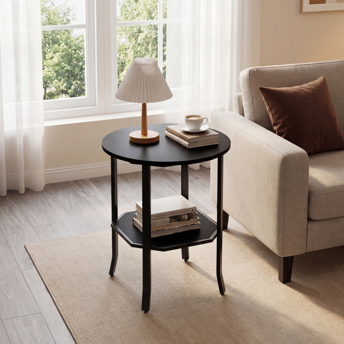 HV10862DK Round Side Table Small End Table with Storage Shelf 2-Tier Nightstand for Small Space - Black