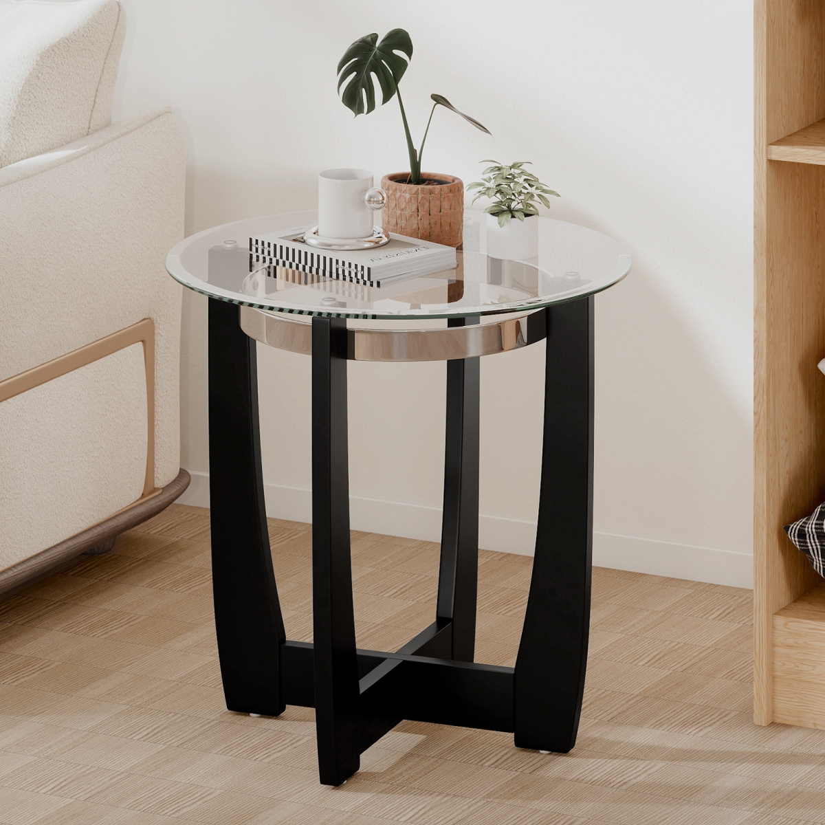 HV10869DK 24 in. Round Side Table with Tempered Glass Top & Solid Rubber Wood Base - Black