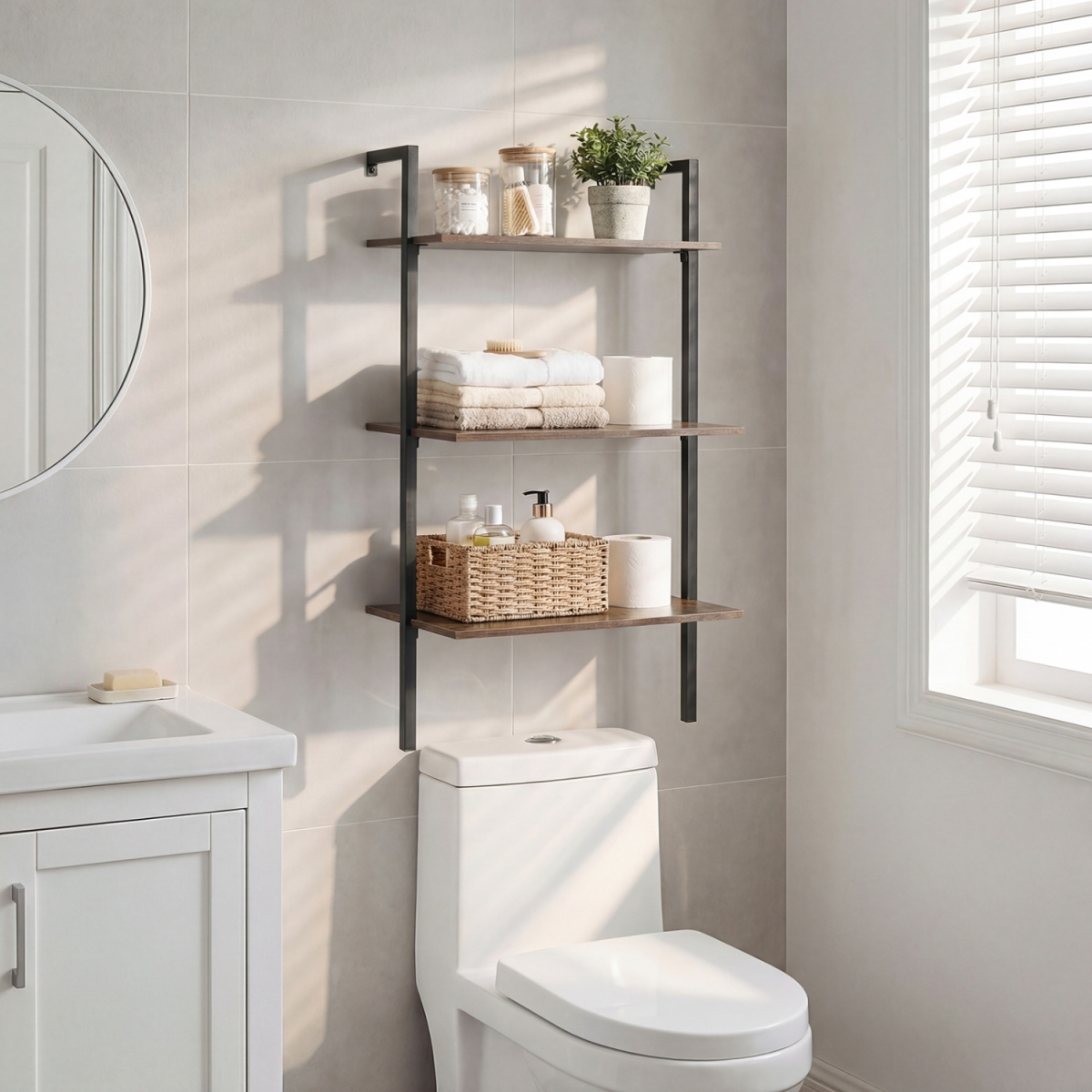 JV13924CF 3-Tier Modern Wall Mounted Shelves Wooden Floating Shelving Unit Metal Ladder Bookshelf - Rustic Brown