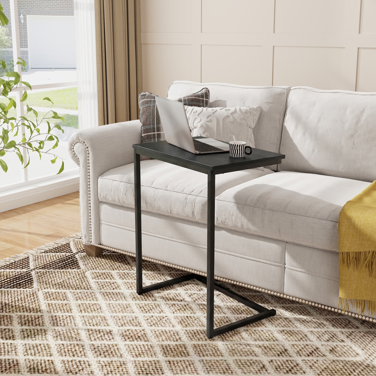 JV14097DK C-Shaped Side Table Sofa Snack End Table with Metal Frame - Black