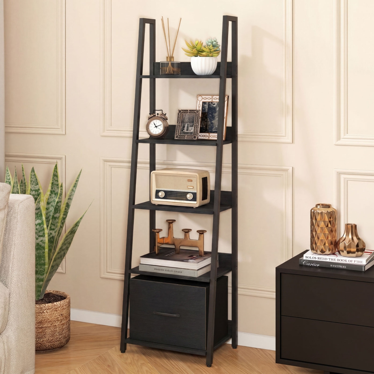 JV14105DK 5-Tier Ladder Bookshelf with Fabric Drawer for Living Room & Home Office - Black
