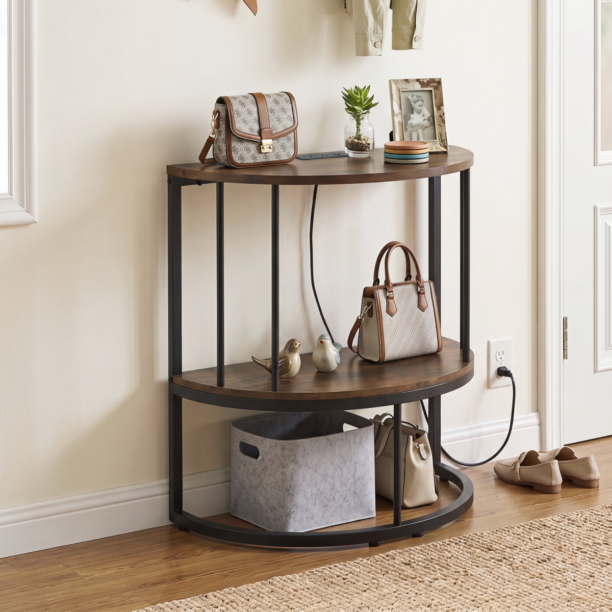 JV14221US-CF 2-Tier Half Moon Console Table with Power Outlets & Storage Shelf for Hallway - Rustic Brown