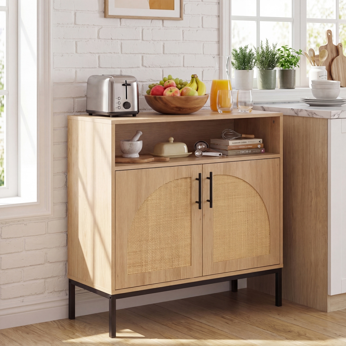 JV14234NA 32 in. Sideboard Buffet Cabinet with 2 Natural Rattan Decorated Doors & Adjustable Shelf - Natural
