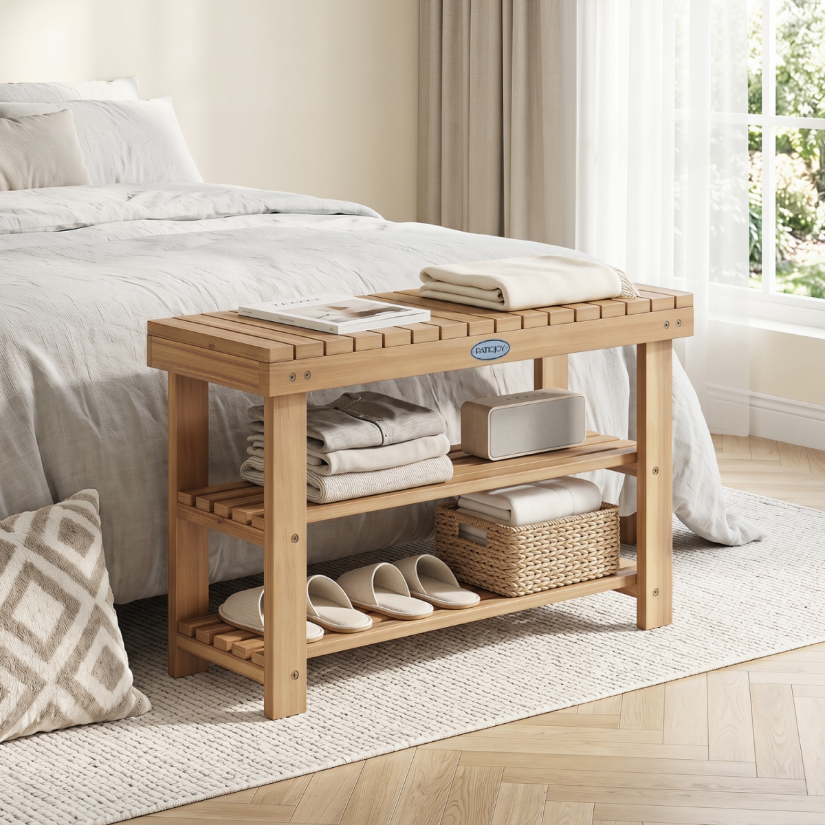 JV14254 3-Tier Solid Wood Shoe Rack Bench with Slatted Shelves - Medium