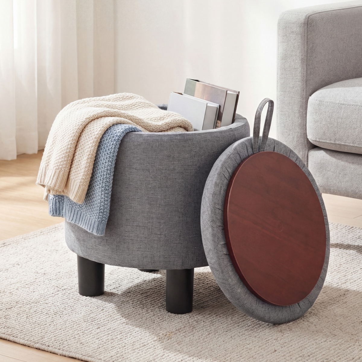 JV14258GR Round Storage Ottoman Linen Fabric Upholstered Footrest Stool - Gray