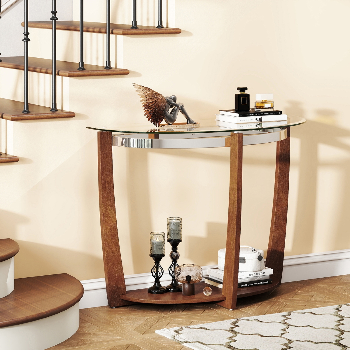 HV10870WT 2-Tier Tempered Glass Console Table with Clear Glass Top & Open Shelf - Walnut