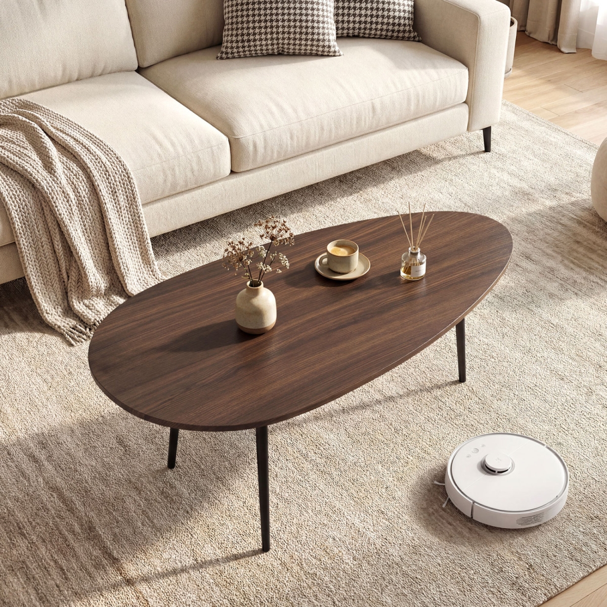 HV10971WT Oval Coffee Table Mid Century Center Table with Sturdy Metal Construction - Walnut