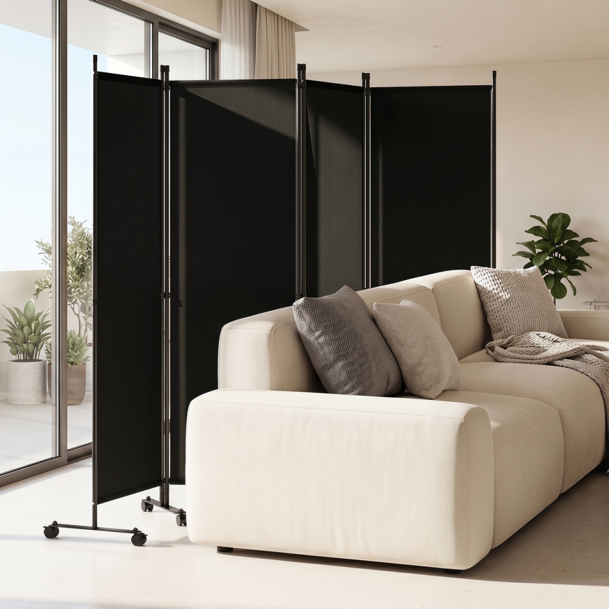 HV10994DK 4-Panel Room Divider with Lockable Wheels for Living Room - Black