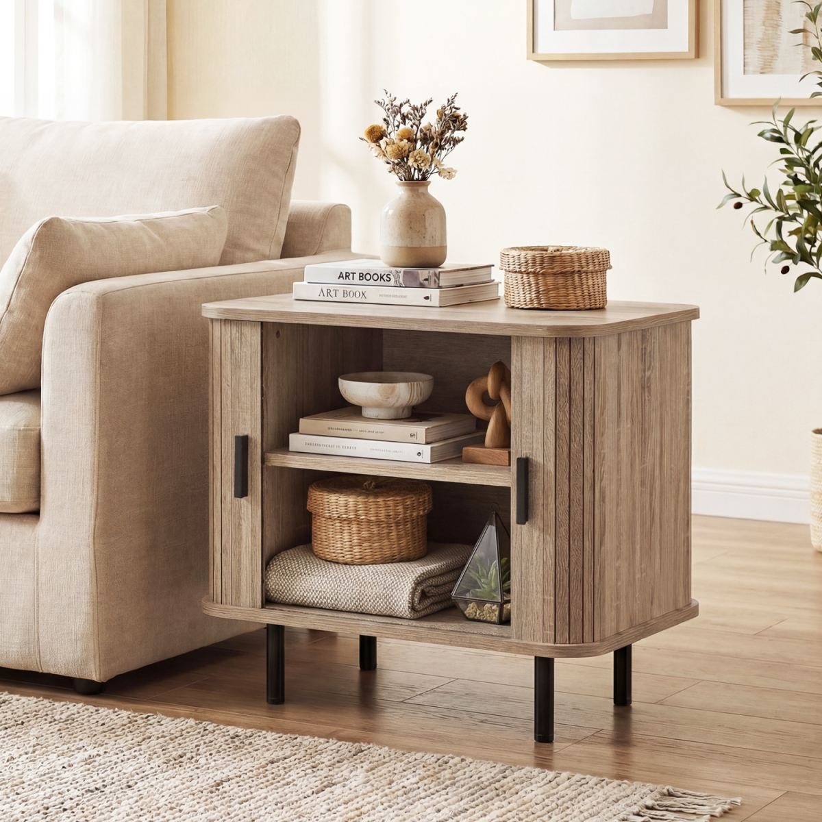 HV11013NA End Table Modern Mid Century Nightstand with Sliding Tambour Doors & Storage Shelf - Natural