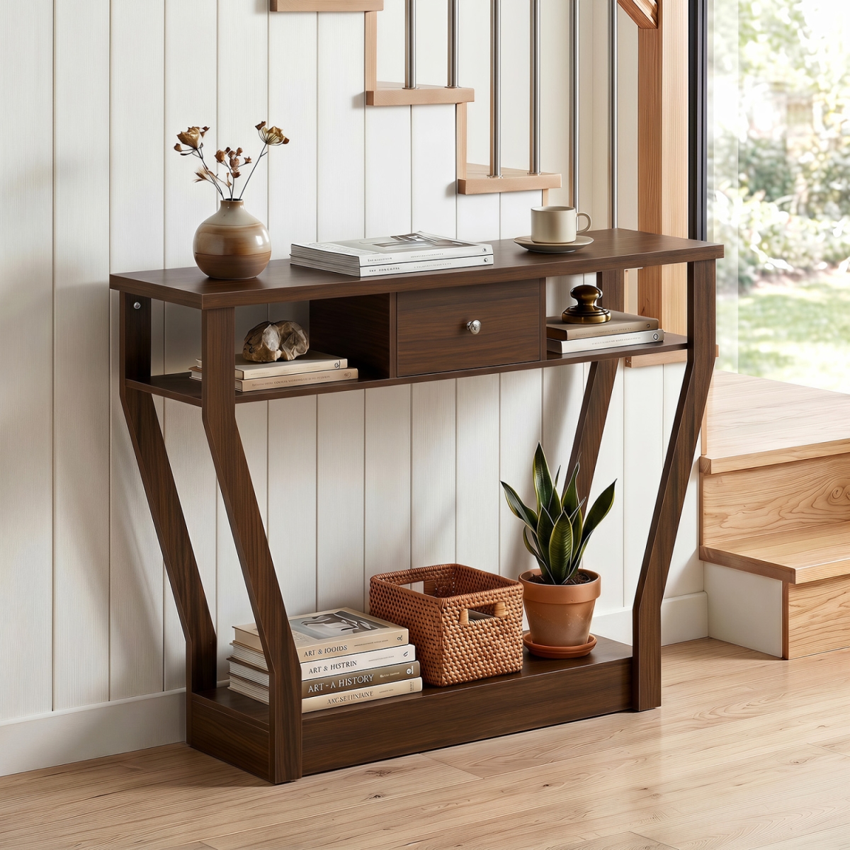 JV14471WN Console Hall Table with Storage Drawer & Shelf - Walnut