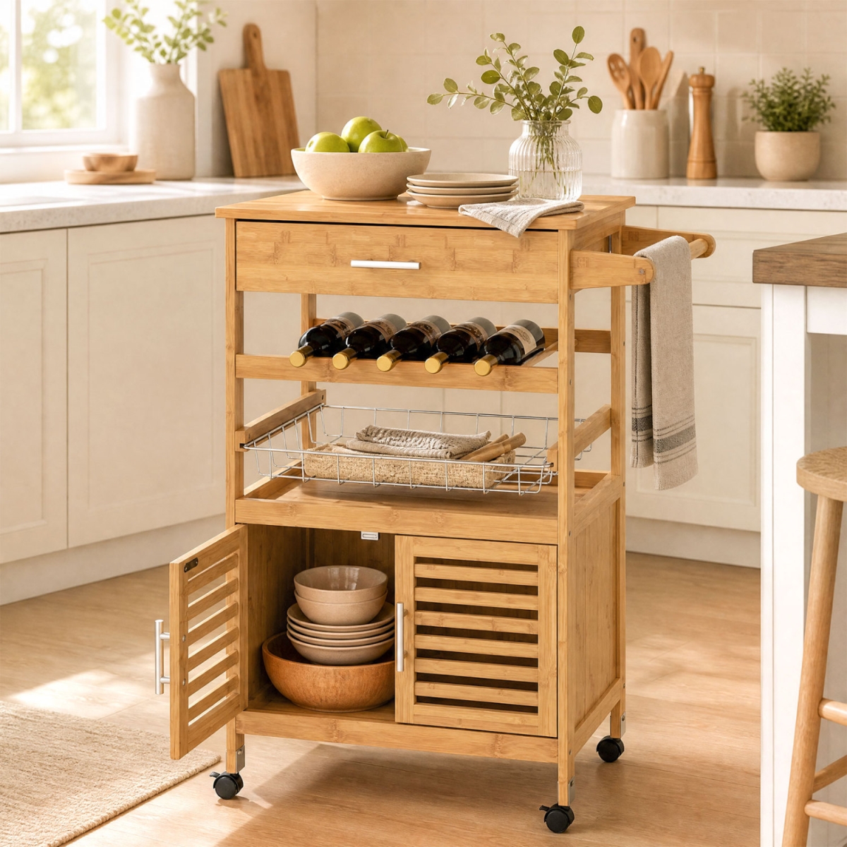 JV14499NA Bamboo Rolling Kitchen Island Trolley with Storage Cabinet & Wine Rack - Natural