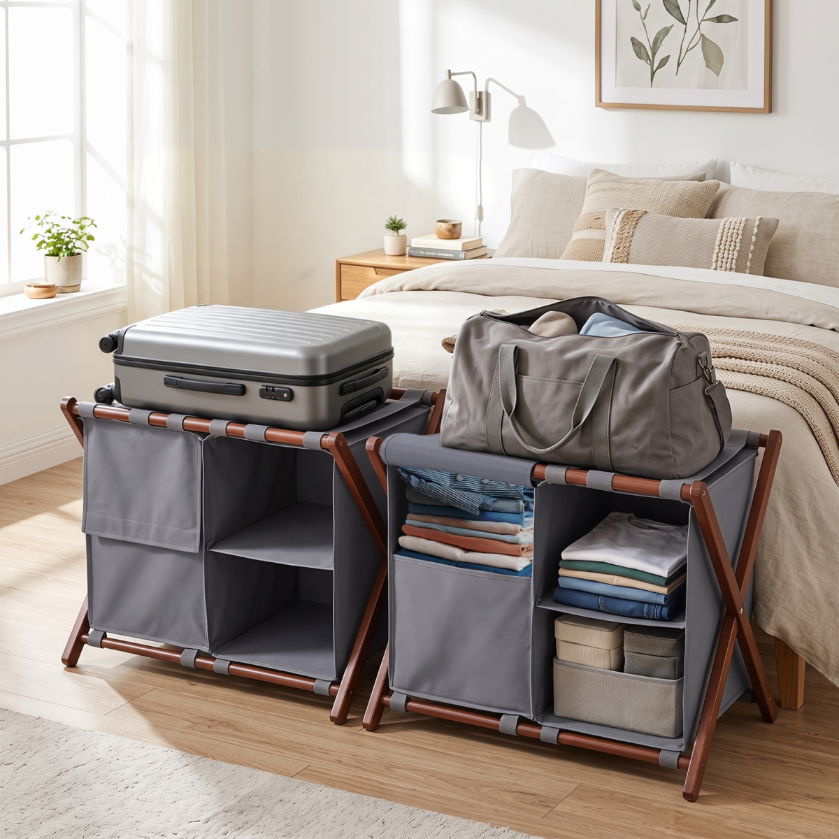 JV14751CF-2 27 in. Bamboo Luggage Rack with 5 Nylon Straps & Compartments for Hotel, Walnut & Gray - Set of 2