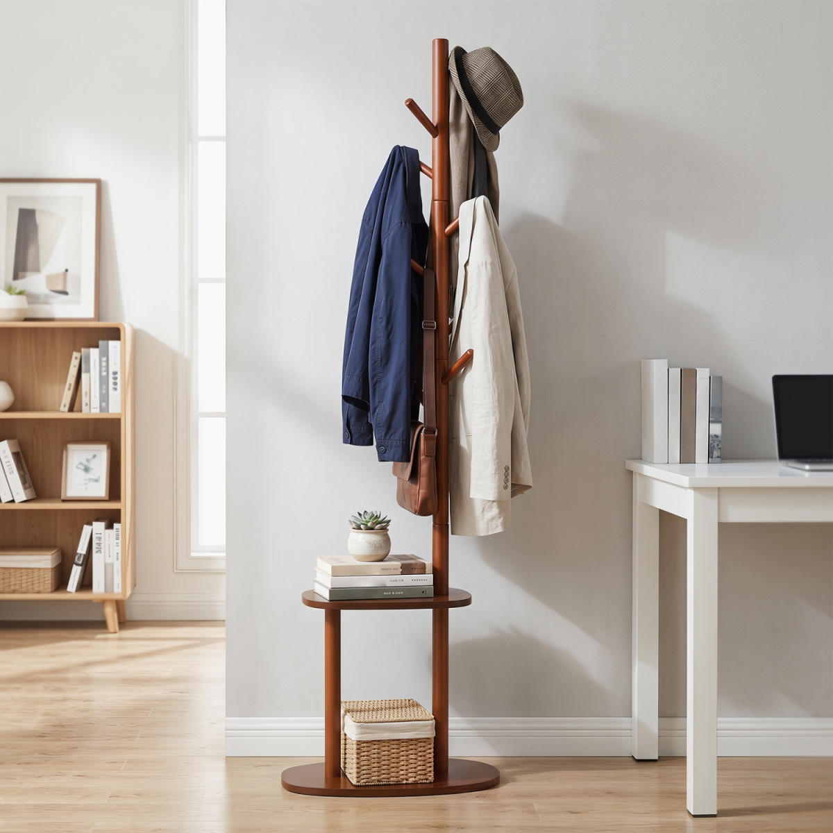 JV14307BN Coat Rack with 8 Rubber Wood Hooks & 2 Storage Shelves - Walnut