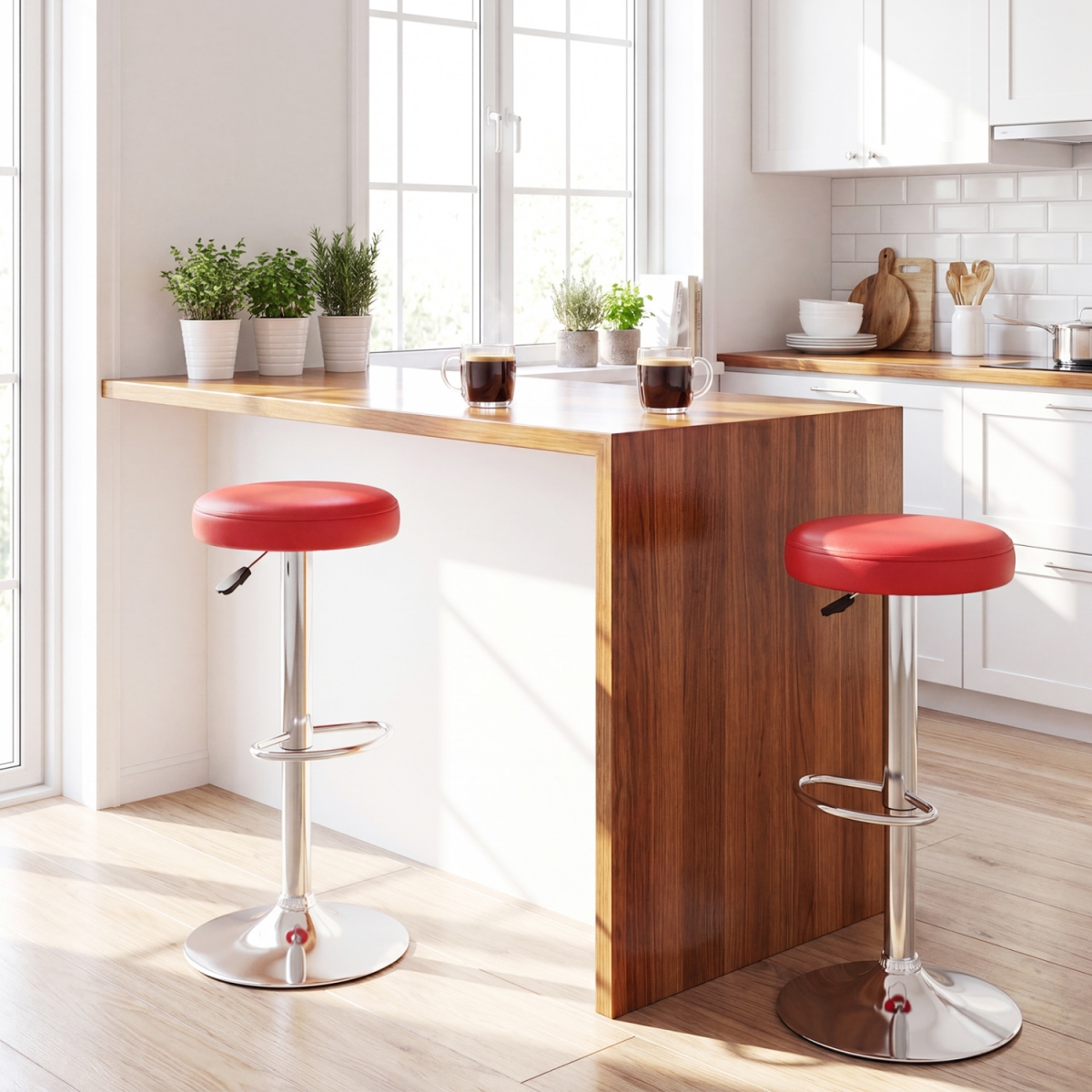 JV14325RE-2 Height-Adjustable Swivel Bar Stool with 360 Deg Swivel Bar Stool - Red - Set of 2