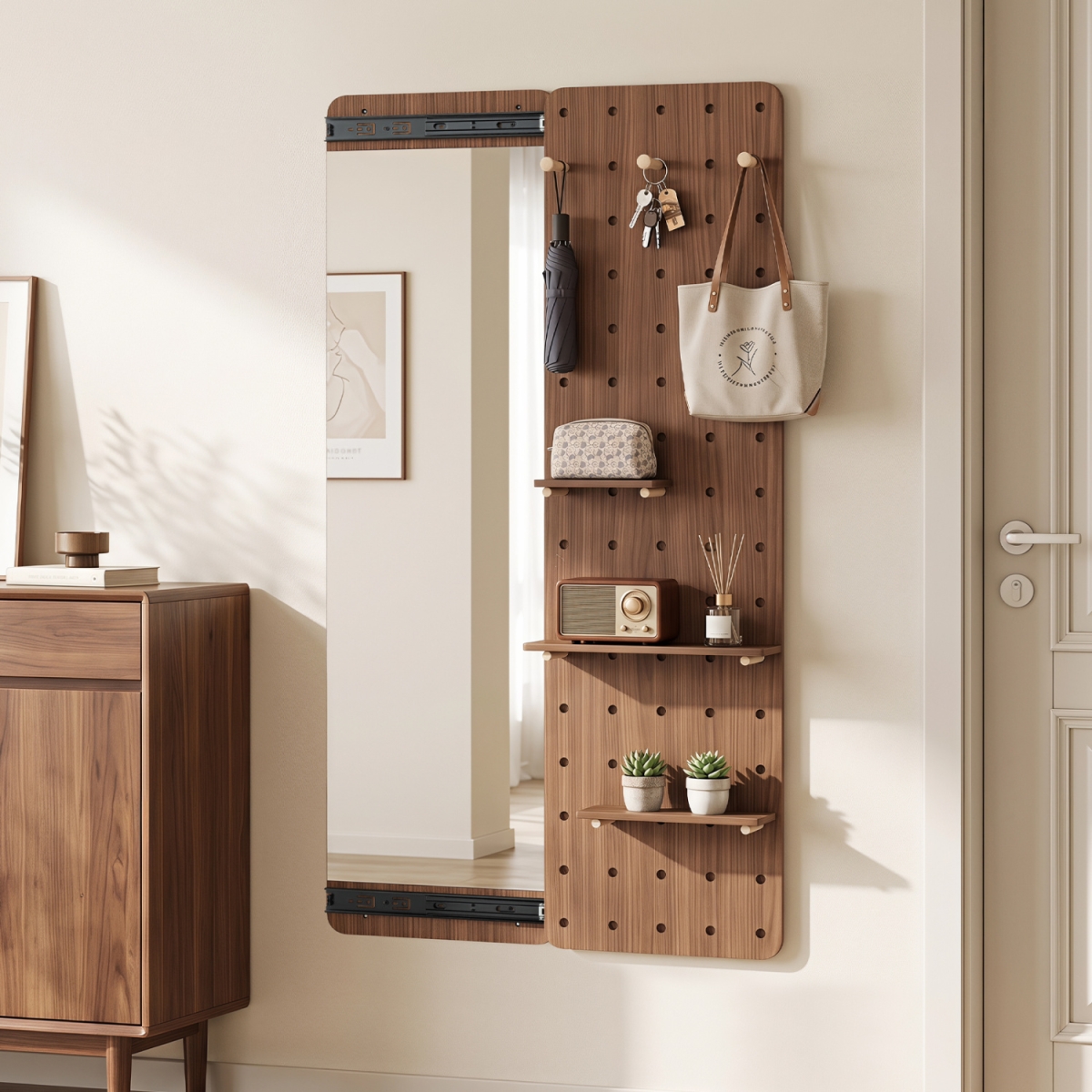 JV14346BM Solid Wood Full Length Mirror with Pegboard & Shelves & Hooks for Entryway - Brown