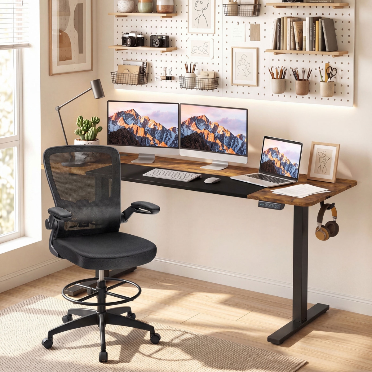 JV14380US-CF 63 x 24 in. Height Adjustable Sit Stand Computer Desk with 3 Memory Presets - Rustic Brown