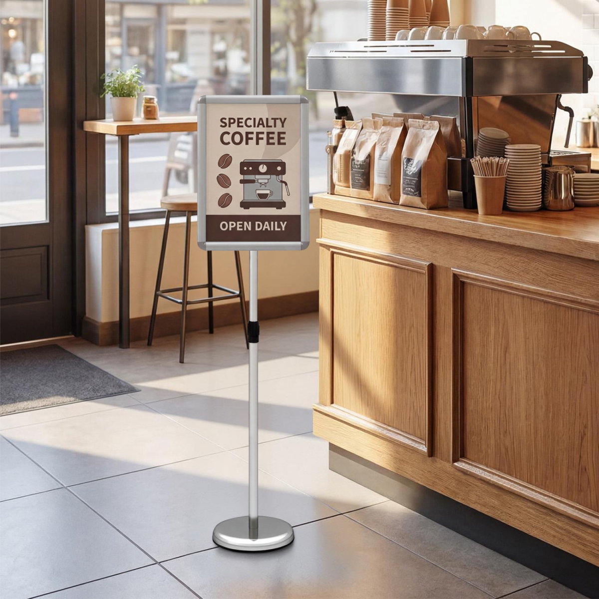 JV14387SV 11 x 17 in. Height Adjustable Sign Holder Stand with Snap-Open Frame - Silver