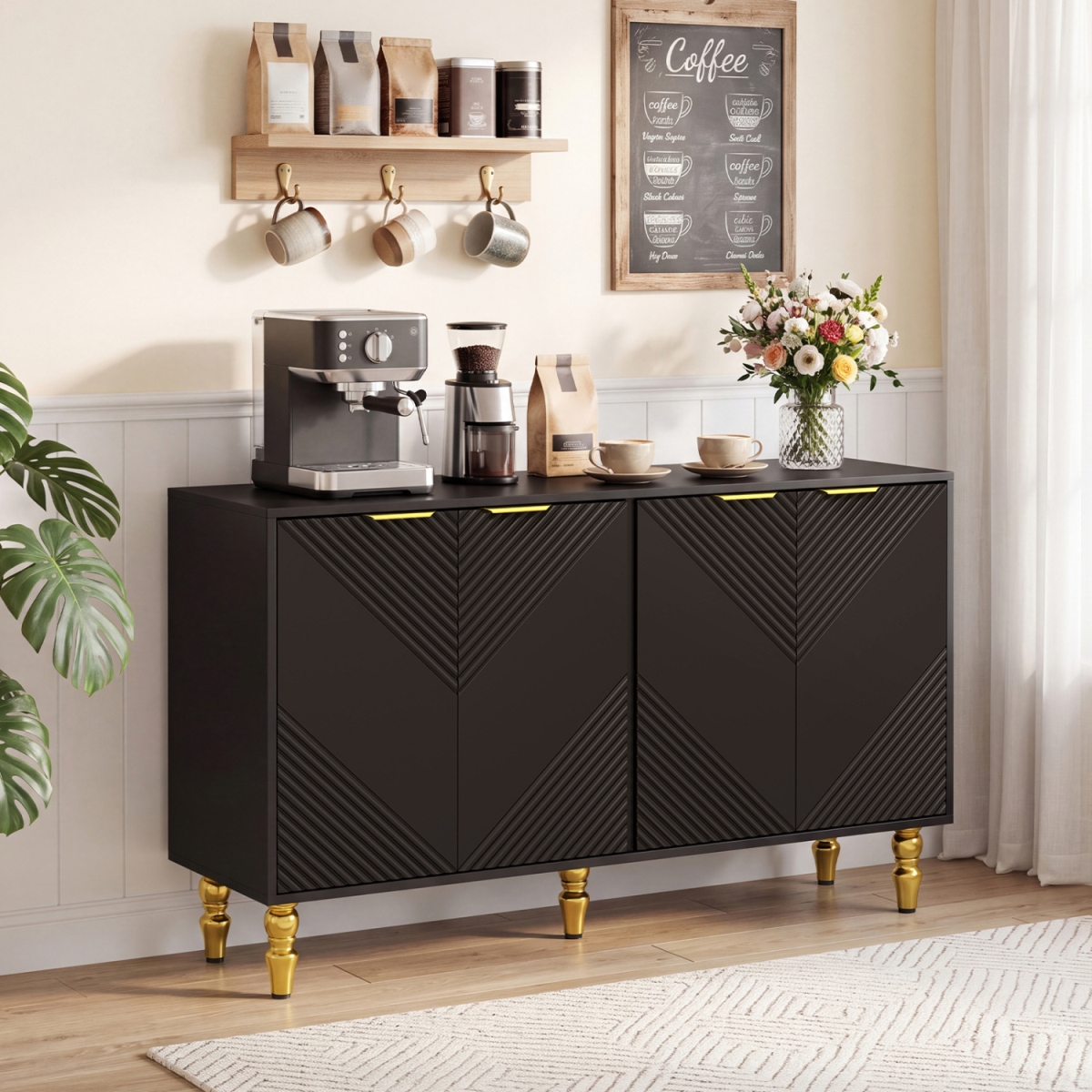 JV14399DK 47 in. Sideboard Buffet Cabinet with 4 Chevron Fluted Doors & Anti-Toppling Devices for Kitchen - Black