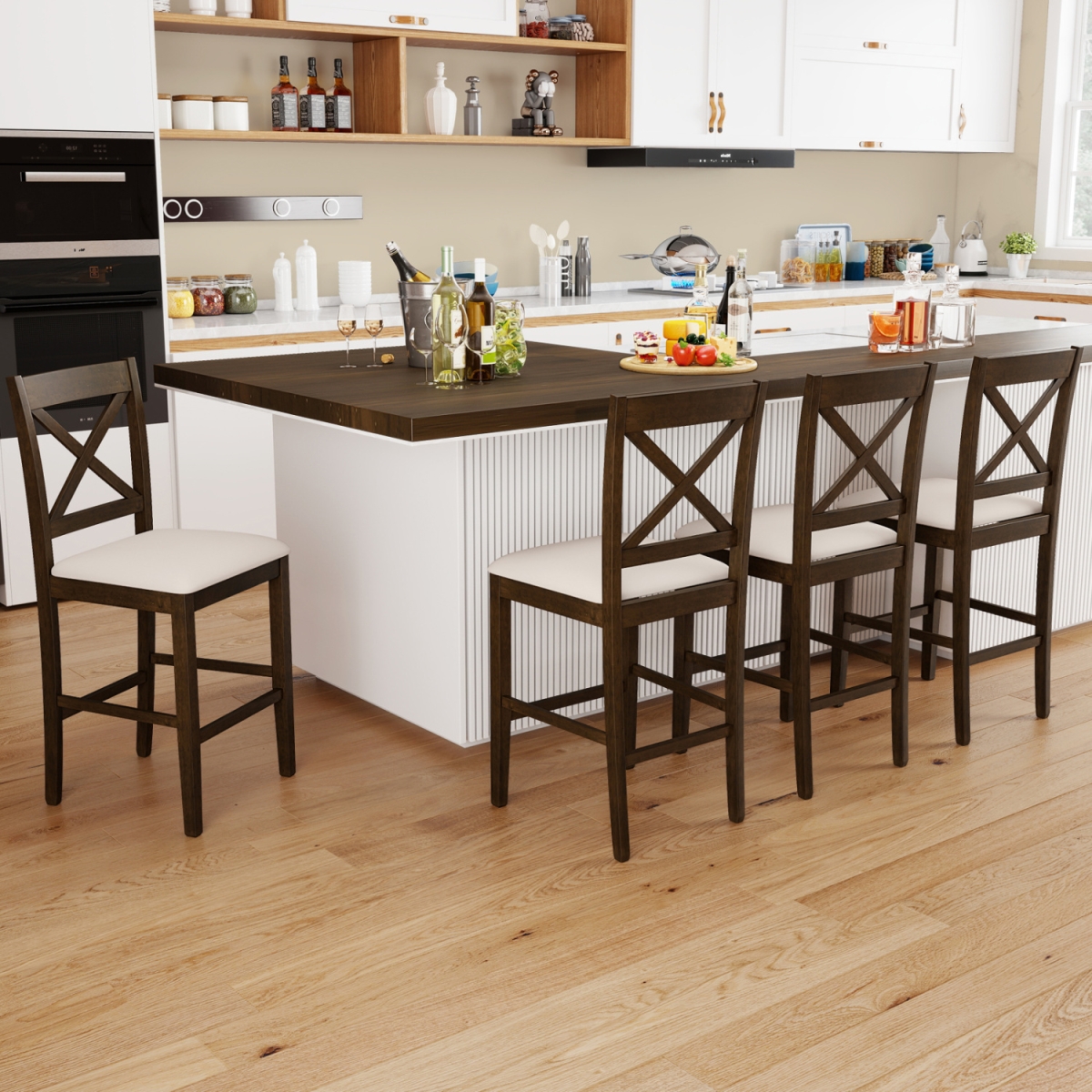 JV13950BN-2 X-Back Bar Stools with Upholstered Cushioned Seats - Brown - Set of 2