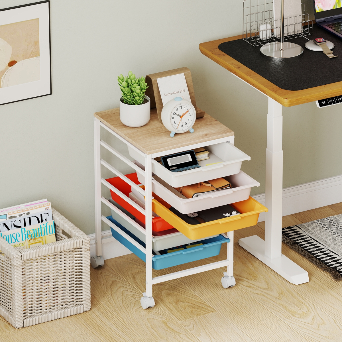 JV14020GW 6-Drawer Rolling Storage Cart with Wooden Tabletop - Macaron