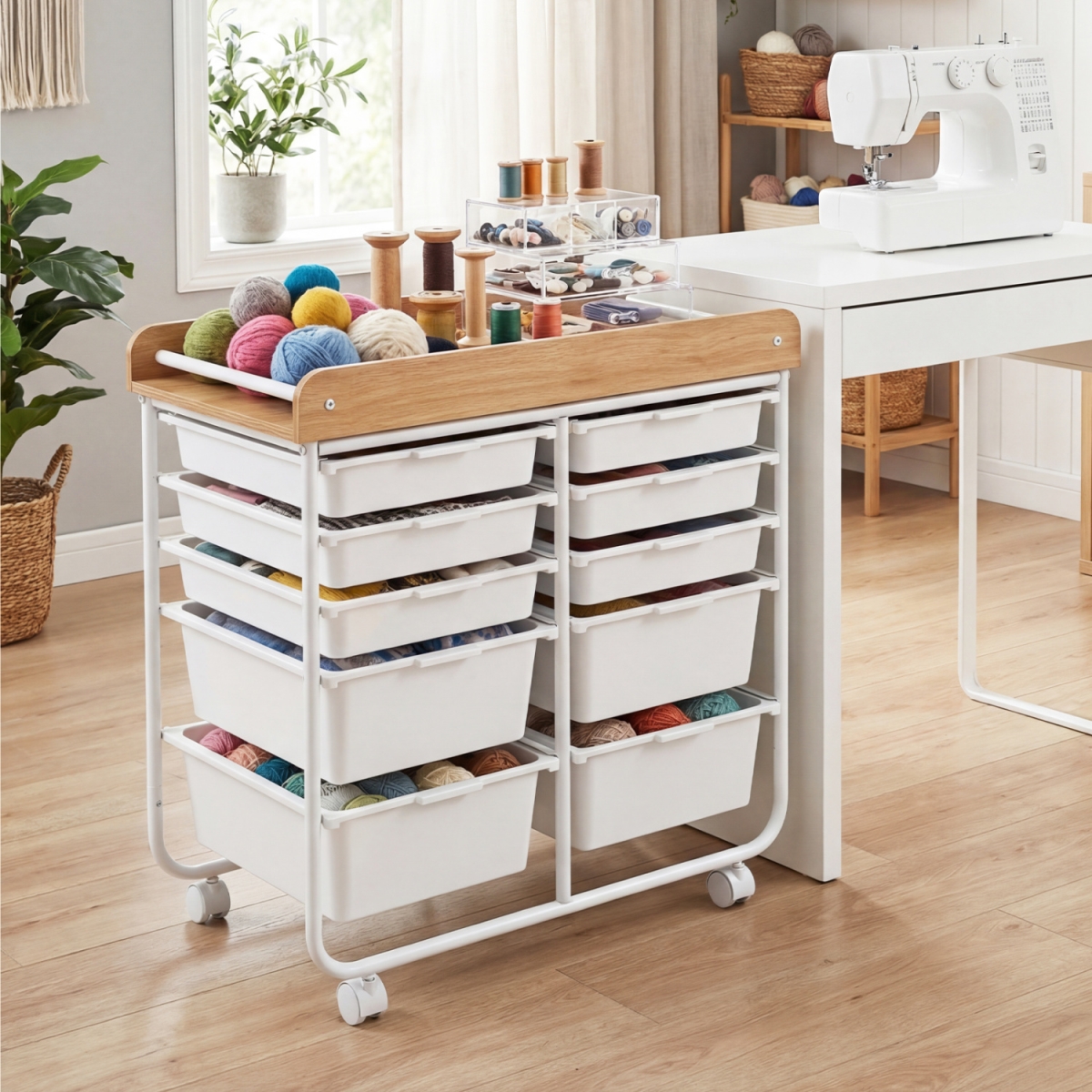 JV14023WH 10-Drawer Rolling Cart with Wooden Tabletop & Lockable Wheels for Office - White