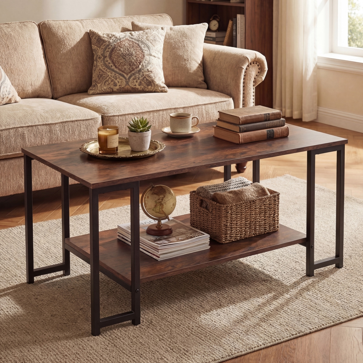 JV14024CF Modern Accent Table with Open Storage Shelf for Apartment & Lounge - Rustic Brown