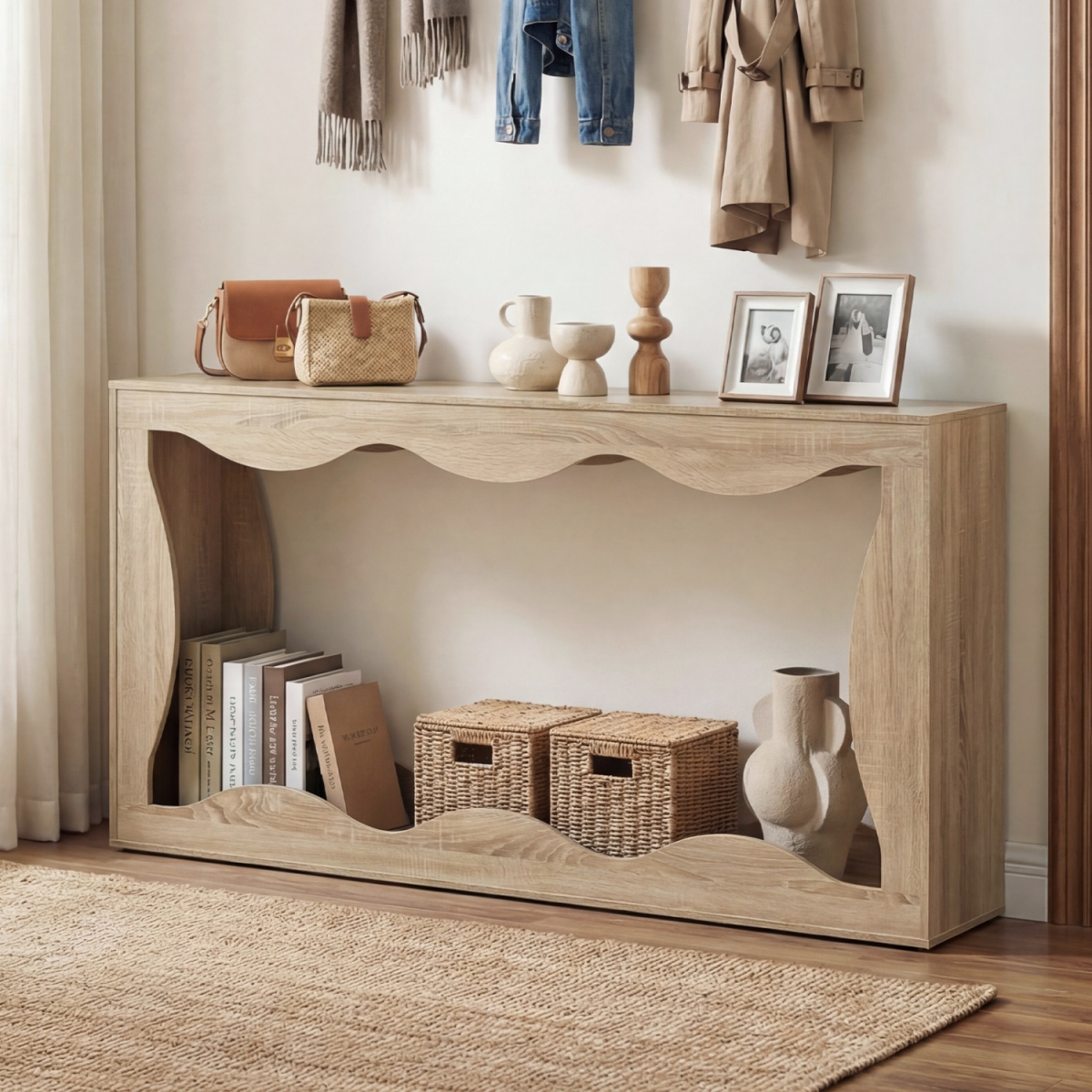 JV14084NA 63 in. Console Table 2-Tier Narrow Entryway Table with Wavy Edge Storage Shelf - Natural
