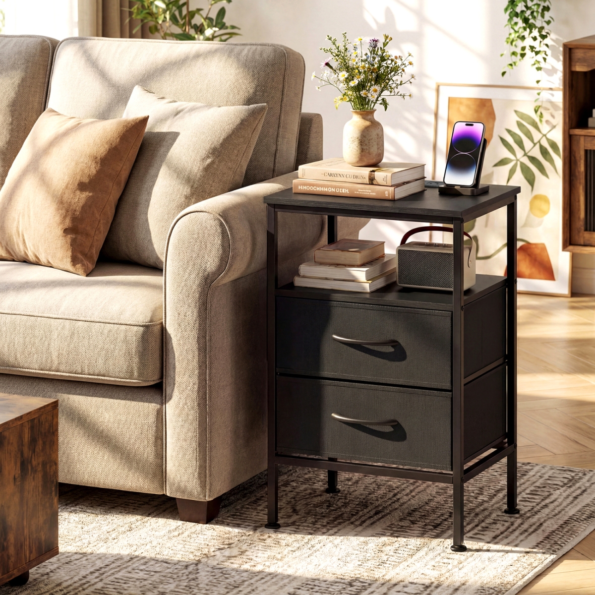 JZ10404US-DK Nightstand with Charging Station 24.5 in. Modern Bedside Table with 2 Fabric Drawers - Black