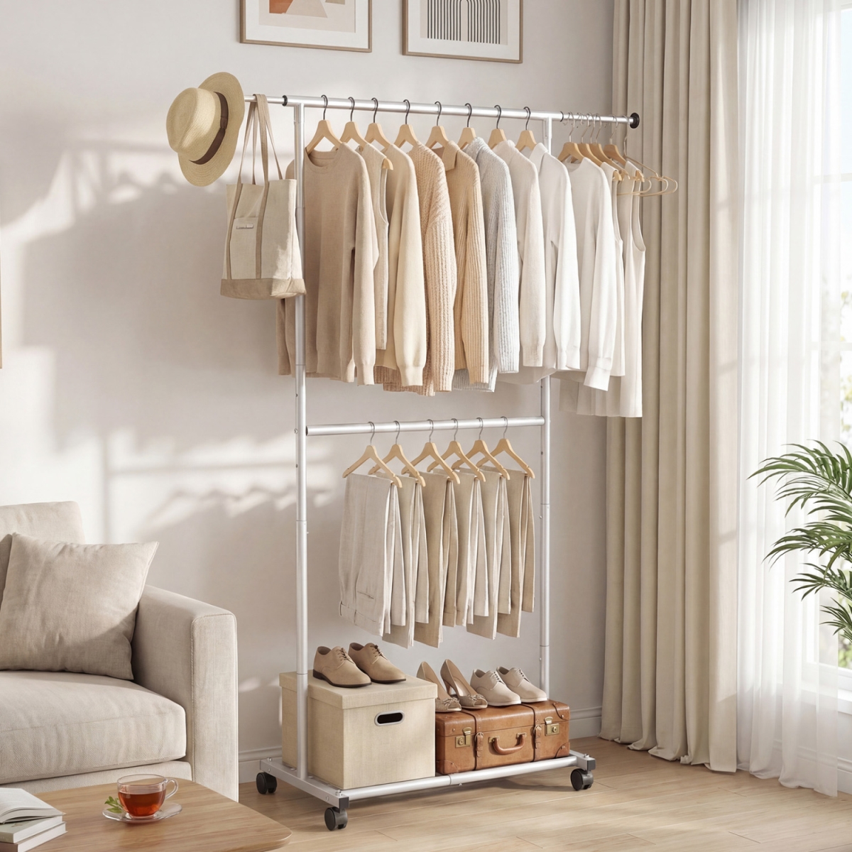 JZ10474 Rolling Clothes Rack Double-Rod Extendable Garment Stand for Hanging Clothes