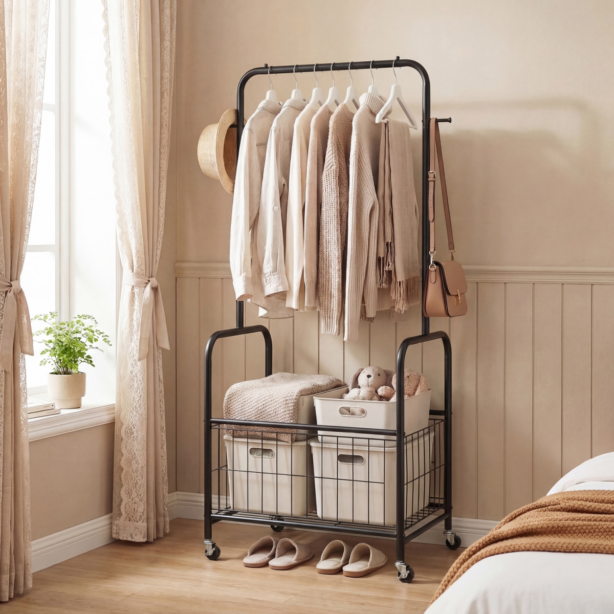 JZ10491BK Rolling Metal Clothes Rack with Hanging Rod & Storage Basket - Black