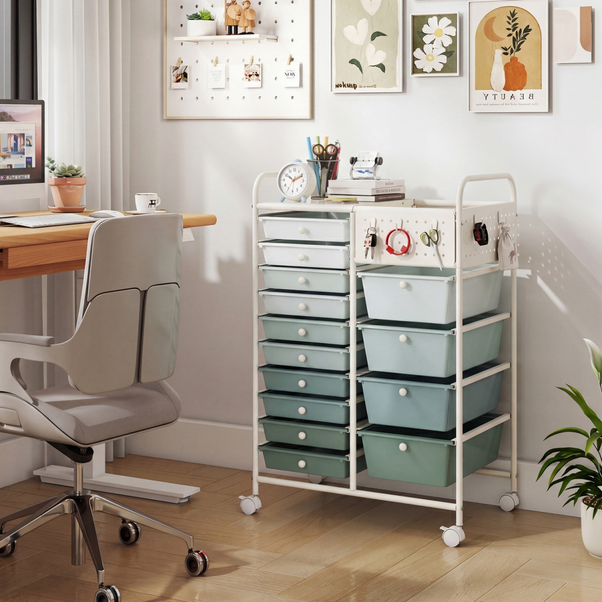 JZ10566QR 14-Drawer Rolling Storage Cart with Metal Tabletop & Pegboard - Gradient Green