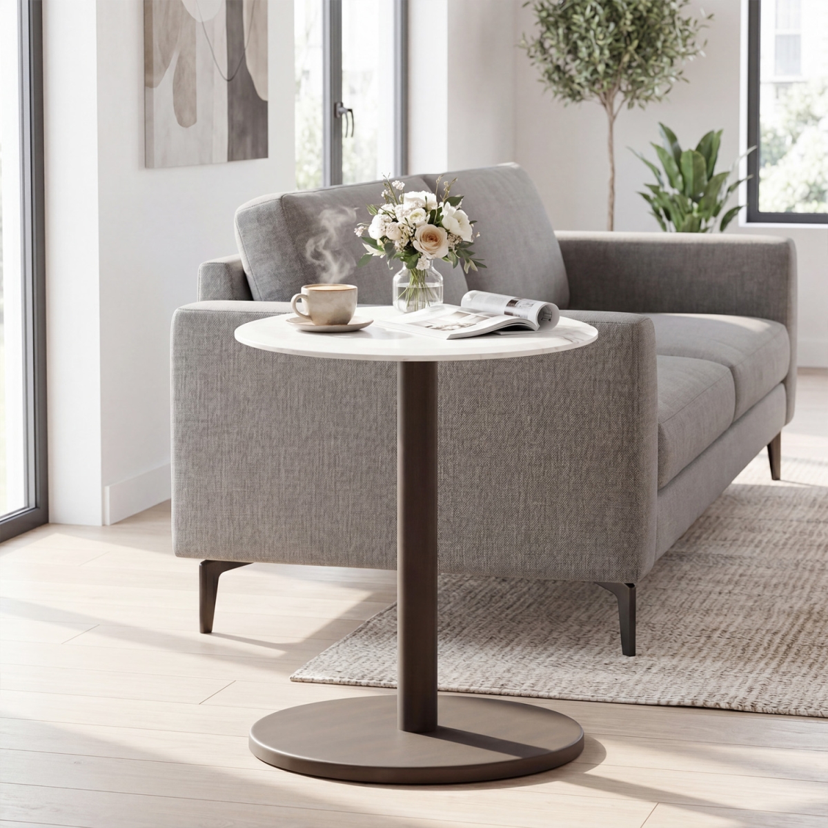 HV11081WH Round Marble Side Table Pedestal End Table with Stone Finish & Wooden - Black & White