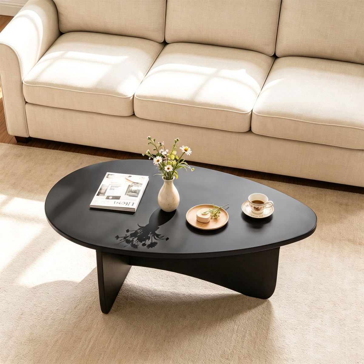 HV11085DK Oval Coffee Table Mid Century Modern Accent Table Low Profile Wooden Center Table - Black
