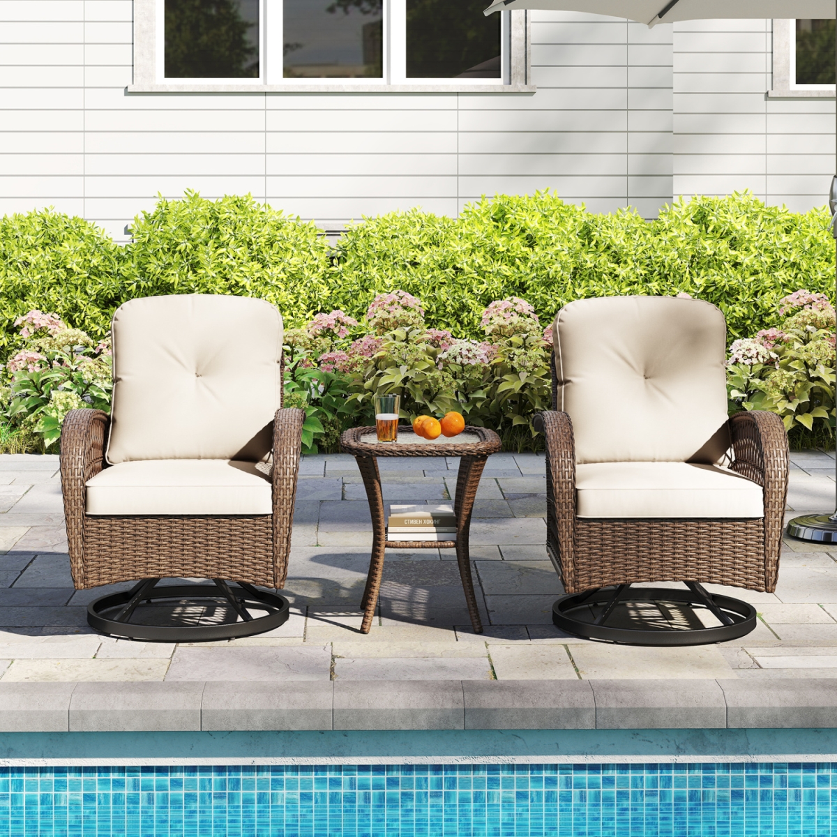HW75079WH Patio Swivel Rocker Set with Tempered Glass Side Table & Thick Cushions - White - 3 Piece
