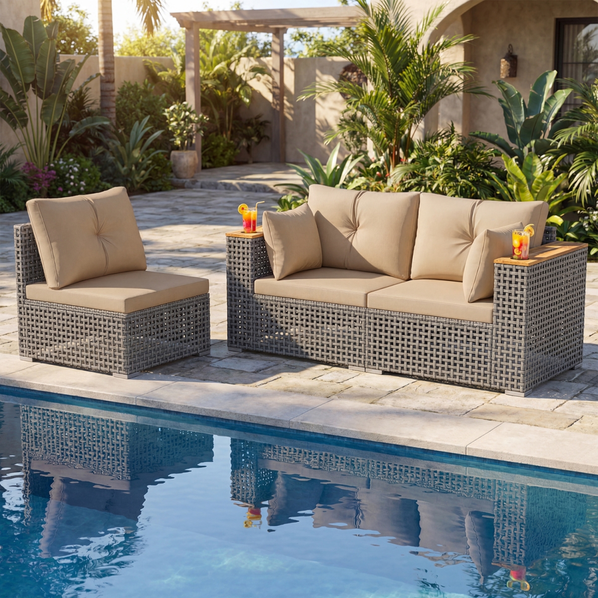 HW75124BN Patio Wicker Sectional Furniture Set with 1 Armless & 2 Corner Sofas for Garden - Beige