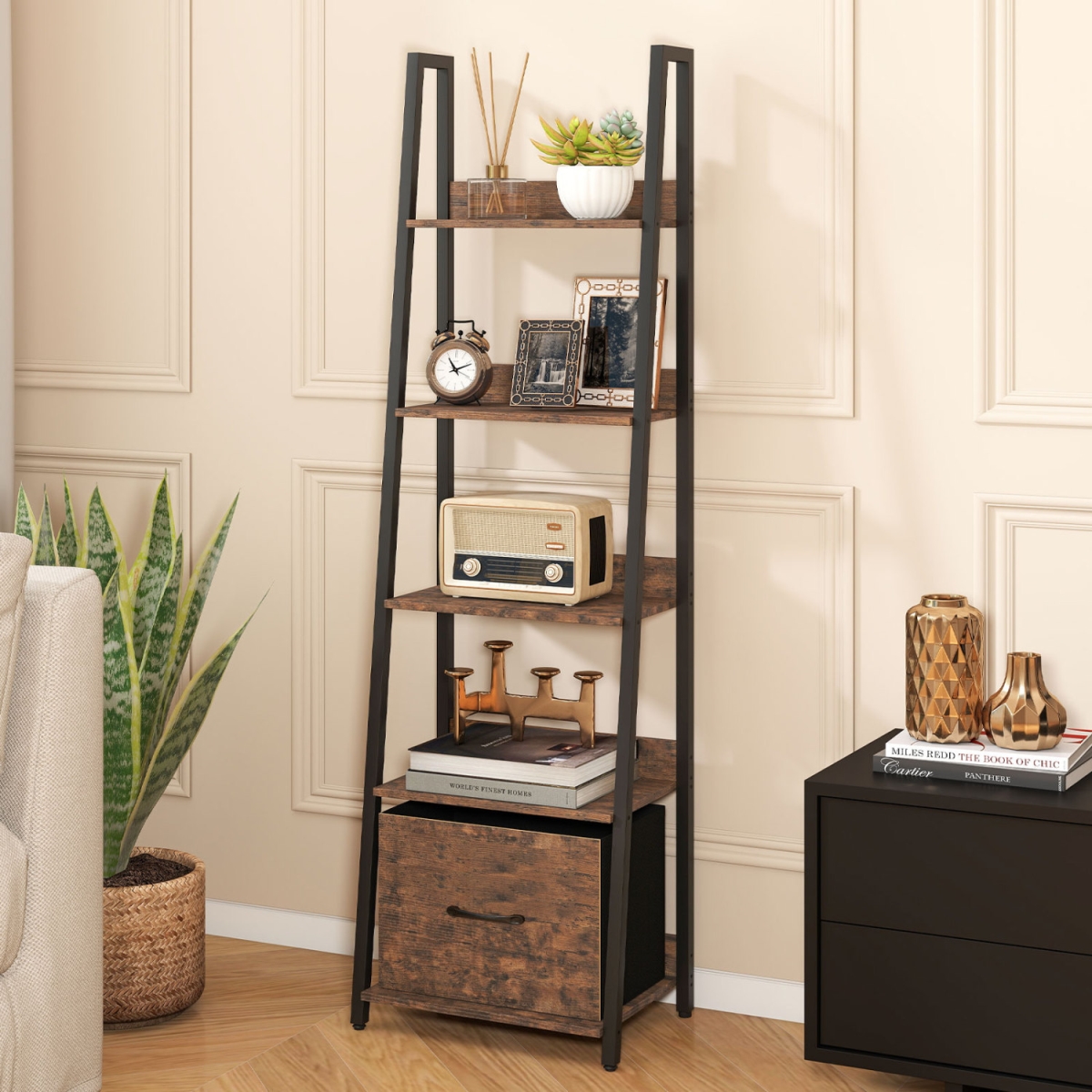 JV14105CF 5-Tier Ladder Bookshelf with Fabric Drawer for Living Room & Home Office - Rustic Brown