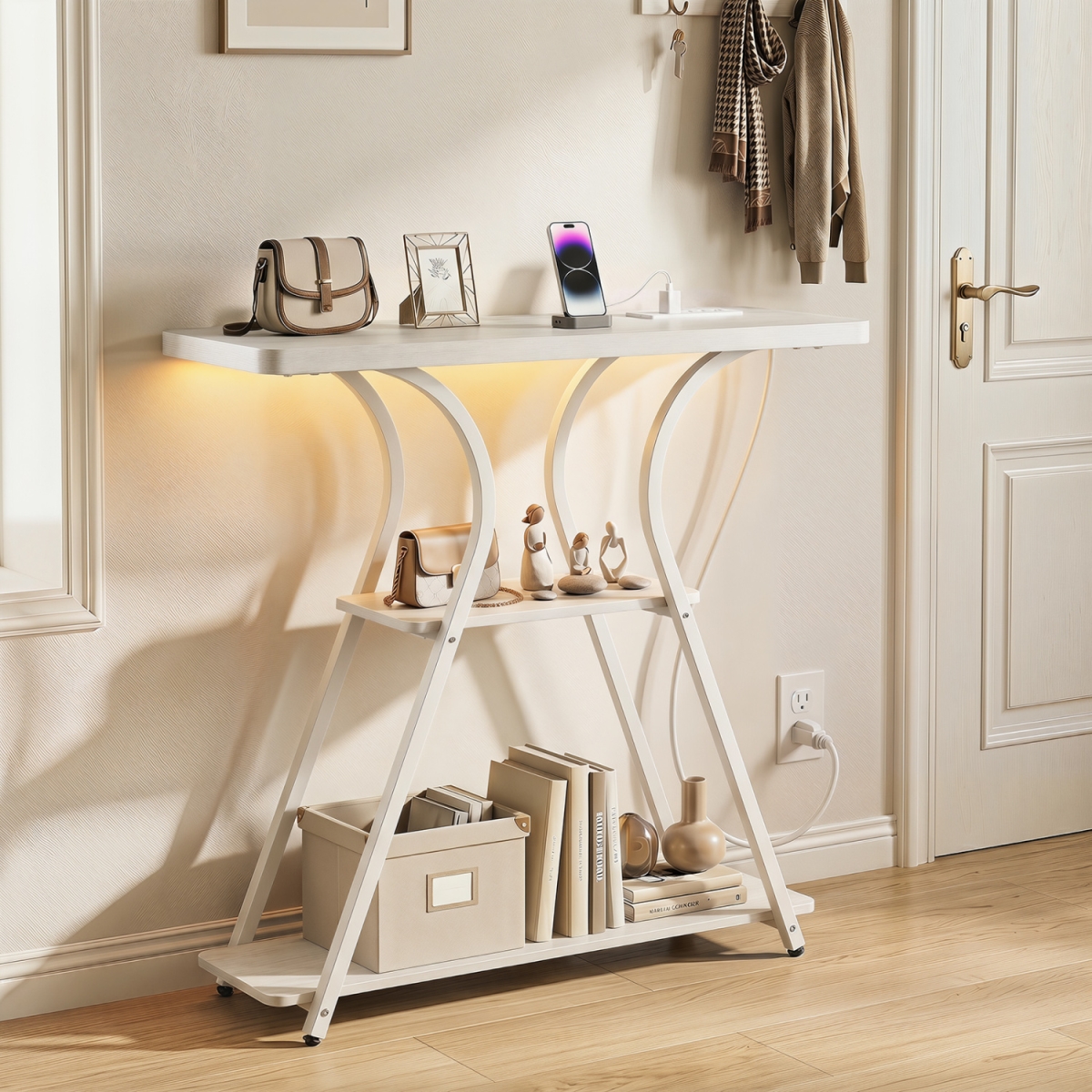 JV14145US-XM 32 in. Narrow Long Entryway Table with Power Outlets & LED Lights - Oak
