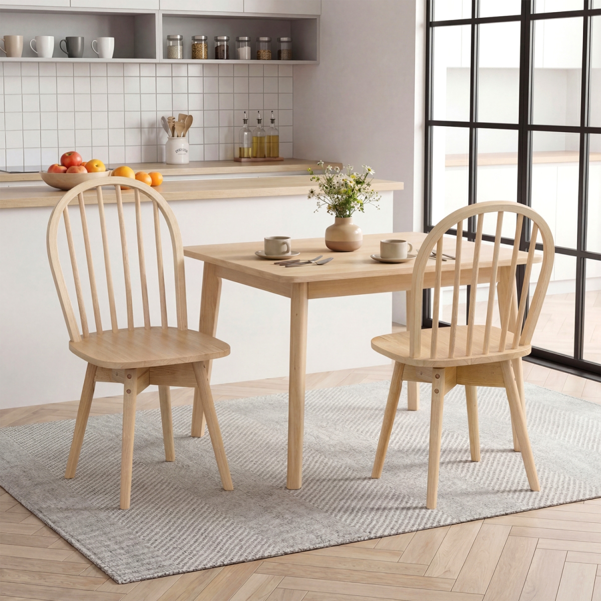 JV14206NA-2 Swivel Windsor Dining Chairs with Solid Rubber Wood Frame - Natural - Set of 2