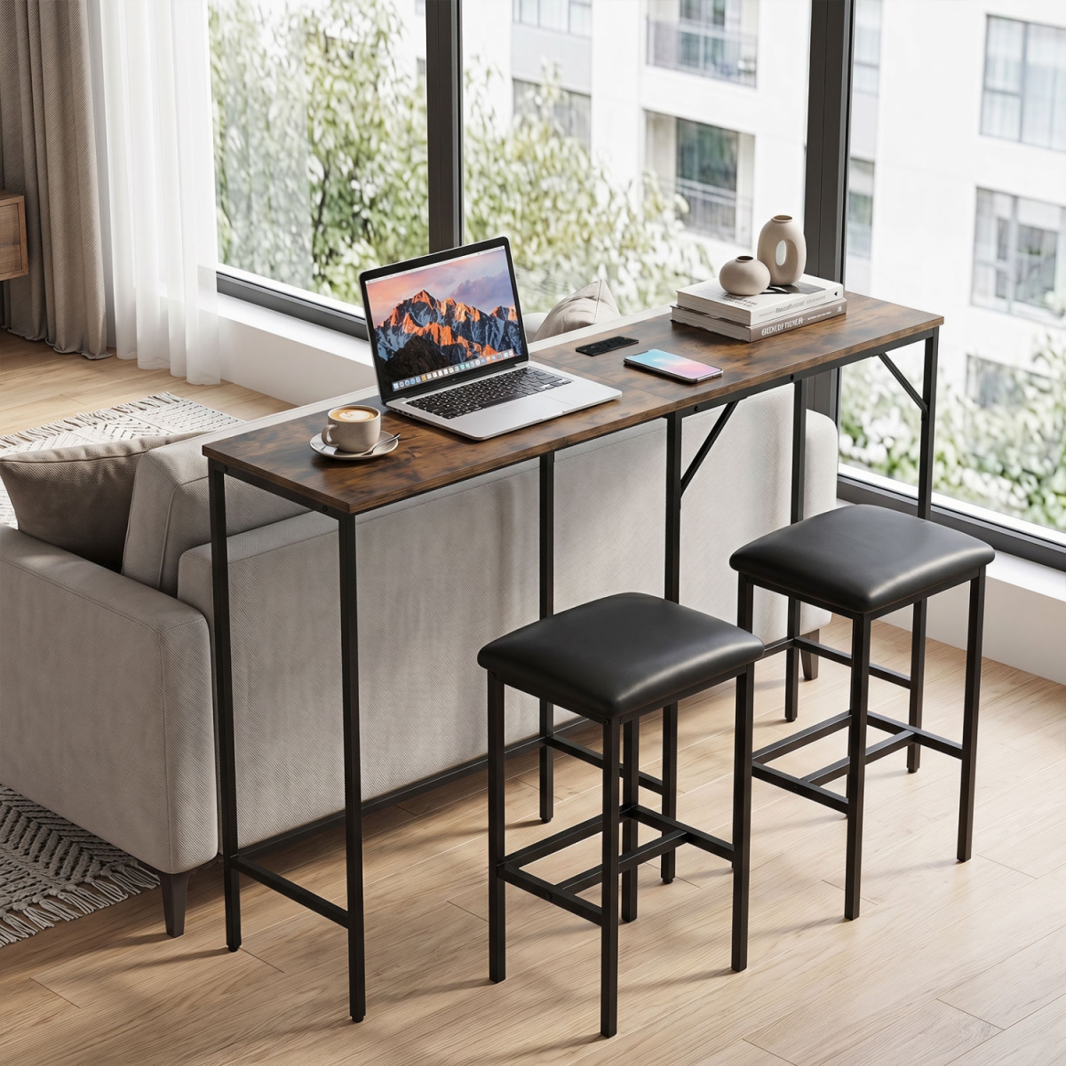 JV14246US-CF Convertible L-Shaped Kitchen Table Chair Set with 2 AC Outlets USB Port & Type-C Port - Rustic Brown - 3 Piece