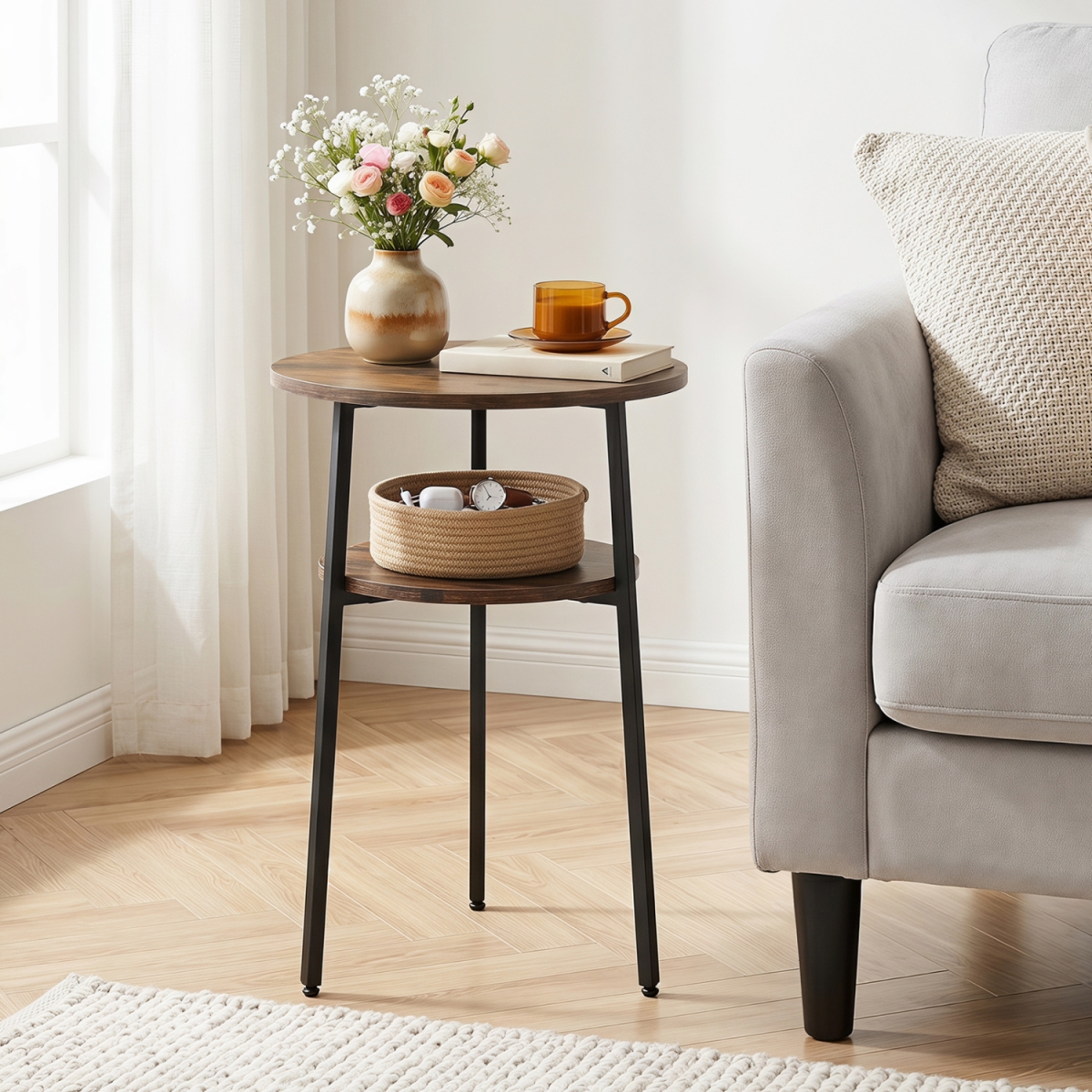 JV14313CF-1 Round Side Table with Storage Shelf & Metal Frame for Living Room - Rustic Brown